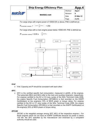 Ship Energy Efficiency Plan                                App.4
                                                                       Shortcut   : App.4
                                                                       Revision   :0
                                          MARSIG mbH
                                                                       Date       : 01-Mar-12
                                                                       Page       : 4 of 6
           For cargo ships with engine power of 10000 kW or above, PAE is defined as:

           PAE(MCRME>10000KW) =                + 250

           For cargo ships with a main engine power below 10000 kW, PAE is defined as:

           P AE(MCRME<10000KW) = 0.05 x




-Vref
        Vref, Capacity and P should be consistent with each other.

-SFC
        SFC is the certified specific fuel consumption, measured in g/kWh, of the engines.
        The subscripts ME(i) and AE(i) refer to the main and auxiliary engine(s), respectively.
        For engines certified to the E2 or E3 duty cycles of the NOx Technical Code 2008,
        the engine Specific Fuel Consumption (SFCME(i)) is that recorded on the EIAPP
        Certificate(s) at the engine(s) 75% of MCR power or torque rating. For engines
        certified to the D2 or C1 duty cycles of the NOx Technical Code 2008, the engine
        Specific Fuel Consumption (SFCAE(i)) is that recorded on the EIAPP Certificate(s) at
        the engine(s) 50% of MCR power or torque rating.

-SFCAE
     SFCAE is the weighted average among SFC AE(i) of the respective engines i. For
     those engines which do not have an EIAPP Certificate because its power is below
     130 kW, the SFC specified by the manufacturer and endorsed by a competent
     authority should be used.
 