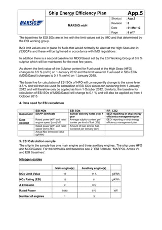 Ship Energy Efficiency Plan                                          App.5
                                                                                Shortcut    : App.5
                                                                                Revision    :0
                                            MARSIG mbH
                                                                                Date        : 01-Mar-12
                                                                                Page        : 6 of 7
The baselines for ESI SOx are in line with the limit values set by IMO and that determined by
the ESI working group.

IMO limit values are in place for fuels that would normally be used at the High Seas and in
(S)ECA’s and these will be tightened in accordance with IMO regulations.

In addition there is a second baseline for MDO/Gasoil set by the ESI Working Group at 0.5 %
sulphur which will be maintained for the next few years.

As shown the limit value of the Sulphur content for Fuel used at the High Seas (HFO)
changes to 3.5 % (m/m) on 1 January 2012 and the limit value for Fuel used in SOx ECA
(MDO/Gasoil) changes to 0.1 % (m/m) on 1 January 2015.

The base line for calculation of ESI SOx of HFO will consequently change to the same level
3.5 % and will then be used for calculation of ESI SOx scores for bunkering from 1 January
2012 and will therefore only be applied as from 1 October 2012. Similarly, the baseline for
calculation of ESI SOx of MDO/Gasoil will change to 0.1 % and will also be applied as from 1
October 2015

4. Data need for ESI calculation

             ESI NOx                        ESI SOx                         RR_CO2
Document     EIAPP certificate              Bunker delivery notes over 1    EEOI reporting or ship energy
                                            year                            efficiency management plan
Data         Rated power (kW) and rated     Average sulphur content per     EEOI reporting or ship energy
needed       engine speed (rpm) ME          bunker per kind of fuel (1%)    efficiency management plan
             Rated power (kW) and rated     Amount of fuel, kind of fuel,
             speed (rpm) AE’s               bunkered per delivery (ton)
             Actual Nox emission value
             (g/kWh)

5. ESI Calculation sample
The ship in the sample has one main engine and three auxiliary engines. The ship uses HFO
and MDO/Gasoil. For the formulas and baselines see 2. ESI Formula, ‘MARPOL Annex VI.
and ESI Baselines’.

Nitrogen oxides

                                 Main engine(s)       Auxiliary engine(s)

NOx Limit Value                        17                     11.5              g/kWh

NOx Rating (ESI)                       15                      11               g/kWh

∆ Emission                             2                       0.5

Rated Power                          9480                      970               kW

Number of engines                      1                        3
 