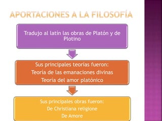 Tradujo al latín las obras de Platón y de 
Plotino 
Sus principales teorías fueron: 
Teoría de las emanaciones divinas 
Teoría del amor platónico 
Sus principales obras fueron: 
De Christiana religione 
De Amore 
 