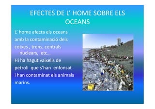 EFECTES DE L’ HOME SOBRE ELS
OCEANS
L’ home afecta els oceans
amb la contaminació dels
cotxes , trens, centrals
nuclears, etc…nuclears, etc…
Hi ha hagut vaixells de
petroli que s’han enfonsat
i han contaminat els animals
marins.
 