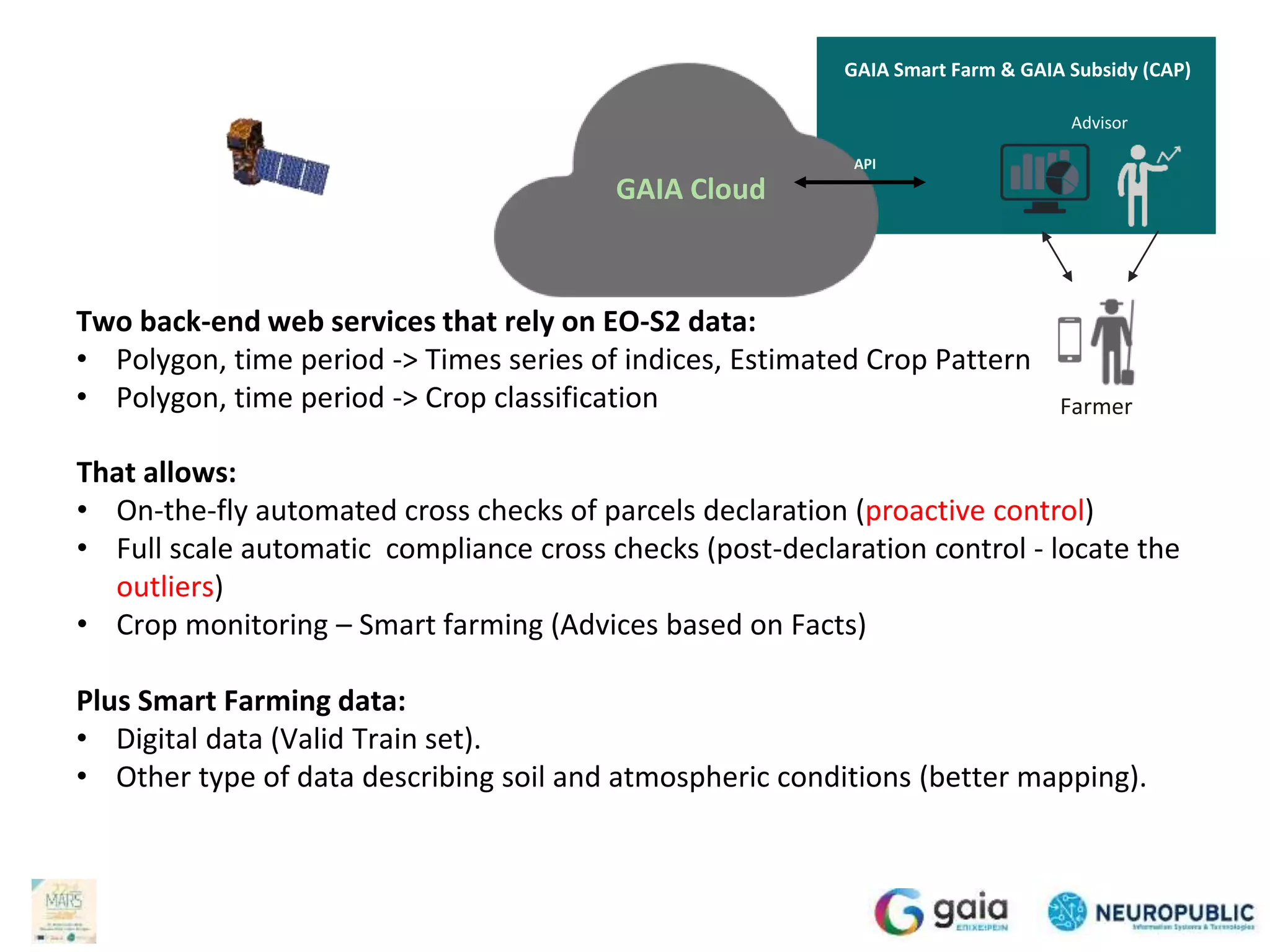 Two back-end web services that rely on EO-S2 data:
• Polygon, time period -> Times series of indices, Estimated Crop Pattern
• Polygon, time period -> Crop classification
GAIA Smart Farm & GAIA Subsidy (CAP)
Advisor
Farmer
GAIA Cloud
API
That allows:
• On-the-fly automated cross checks of parcels declaration (proactive control)
• Full scale automatic compliance cross checks (post-declaration control - locate the
outliers)
• Crop monitoring – Smart farming (Advices based on Facts)
Plus Smart Farming data:
• Digital data (Valid Train set).
• Other type of data describing soil and atmospheric conditions (better mapping).
 