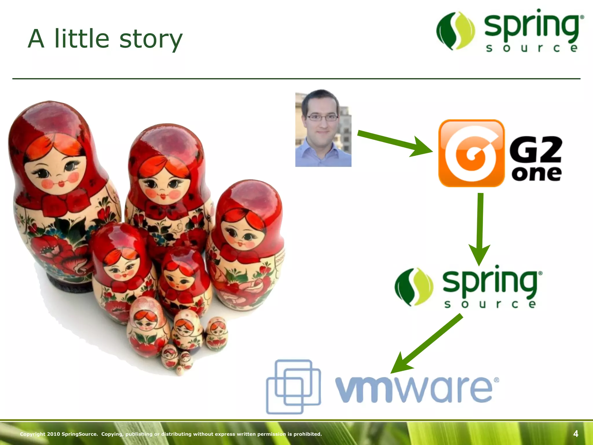 A little story




Copyright 2010 SpringSource. Copying, publishing or distributing without express written permission is prohibited.   4
 