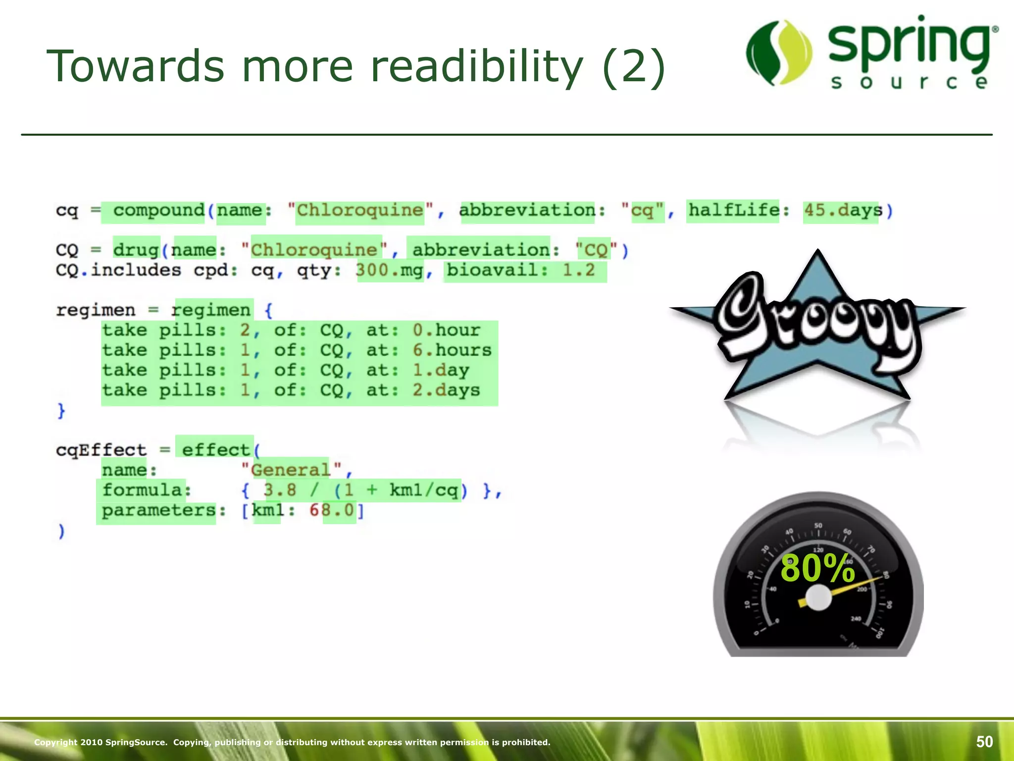 Towards more readibility (2)




                                                                                                                     80%



Copyright 2010 SpringSource. Copying, publishing or distributing without express written permission is prohibited.         50
 