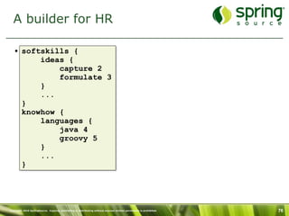 A builder for HR

   • softskills {
         ideas {
             capture 2
             formulate 3
         }
         ...
     }
     knowhow {
         languages {
             java 4
             groovy 5
         }
         ...
     }




Copyright 2010 SpringSource. Copying, publishing or distributing without express written permission is prohibited.   76
 