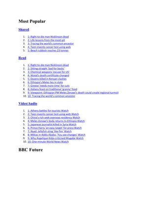 Most Popular
Shared

  1.    1: Right-to-die man Nicklinson dead
  2.    2: Life lessons from the mosh pit
  3.    3: Tracing the world's common ancestor
  4.    4: Teen invents cancer test using web
  5.    5: Beach rubbish reaches 23 tonnes

Read

  1.    1: Right-to-die man Nicklinson dead
  2.    2: Sitting straight 'bad for backs'
  3.    3: Chemical weapons 'excuse for US'
  4.    4: Wood's death certificate changed
  5.    5: Dozens killed in Kenyan clashes
  6.    6: Ethiopia's Meles lies in state
  7.    7: Greece 'needs more time' for cuts
  8.    8: Italians feast on traditional 'granny' food
  9.    9: Viewpoint: Ethiopian PM Meles Zenawi's death could create regional turmoil
  10.   10: Tracing the world's common ancestor

Video/Audio

  1.    1: Athens battles for tourists Watch
  2.    2: Teen invents cancer test using web Watch
  3.    3: China's rich seek overseas residency Watch
  4.    4: Meles Zenawi's body returns to Ethiopia Watch
  5.    5: Japanese journalist killed in Syria Watch
  6.    6: Prince Harry 'an easy target' for press Watch
  7.    7: Nyad: Jellyfish sting 'like fire' Watch
  8.    8: Mikias in Addis Ababa: 'You see changes' Watch
  9.    9: Why Angelique Kidjo criticised Mugabe Watch
  10.   10: One-minute World News Watch


BBC Future
 