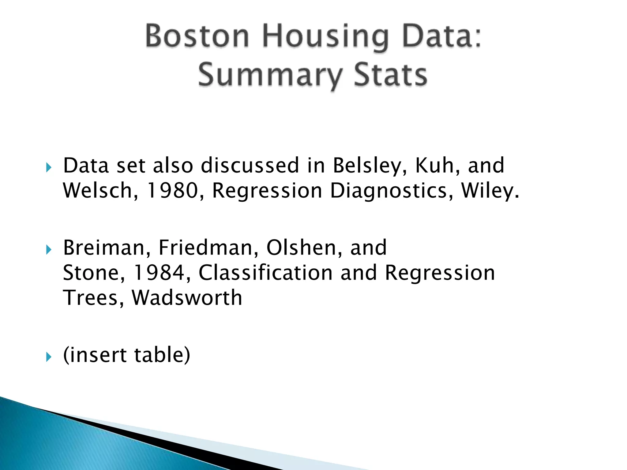    Data set also discussed in Belsley, Kuh, and
    Welsch, 1980, Regression Diagnostics, Wiley.

   Breiman, Friedman, Olshen, and
    Stone, 1984, Classification and Regression
    Trees, Wadsworth

   (insert table)
 