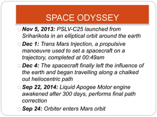 SPACE ODYSSEY 
Nov 5, 2013: PSLV-C25 launched from 
Sriharikota in an elliptical orbit around the earth 
Dec 1: Trans Mars Injection, a propulsive 
manoeuvre used to set a spacecraft on a 
trajectory, completed at 00:49am 
Dec 4: The spacecraft finally left the influence of 
the earth and began travelling along a chalked 
out heliocentric path 
Sep 22, 2014: Liquid Apogee Motor engine 
awakened after 300 days, performs final path 
correction 
Sep 24: Orbiter enters Mars orbit 
 