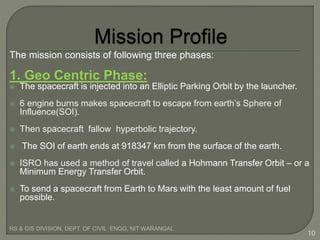The mission consists of following three phases:
1. Geo Centric Phase:
 The spacecraft is injected into an Elliptic Parking Orbit by the launcher.
 6 engine burns makes spacecraft to escape from earth’s Sphere of
Influence(SOI).
 Then spacecraft fallow hyperbolic trajectory.
 The SOI of earth ends at 918347 km from the surface of the earth.
 ISRO has used a method of travel called a Hohmann Transfer Orbit – or a
Minimum Energy Transfer Orbit.
 To send a spacecraft from Earth to Mars with the least amount of fuel
possible.
RS & GIS DIVISION, DEPT. OF CIVIL ENGG, NIT WARANGAL
10
 