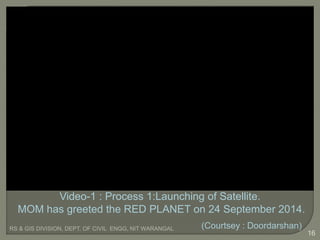 RS & GIS DIVISION, DEPT. OF CIVIL ENGG, NIT WARANGAL
16
(Courtsey : Doordarshan)
Video-1 : Process 1:Launching of Satellite.
MOM has greeted the RED PLANET on 24 September 2014.
 