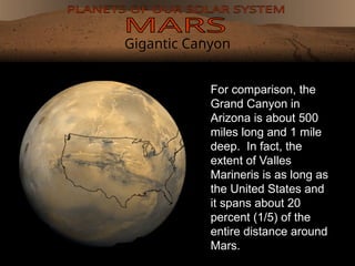 Gigantic Canyon
For comparison, the
Grand Canyon in
Arizona is about 500
miles long and 1 mile
deep. In fact, the
extent of Valles
Marineris is as long as
the United States and
it spans about 20
percent (1/5) of the
entire distance around
Mars.
 