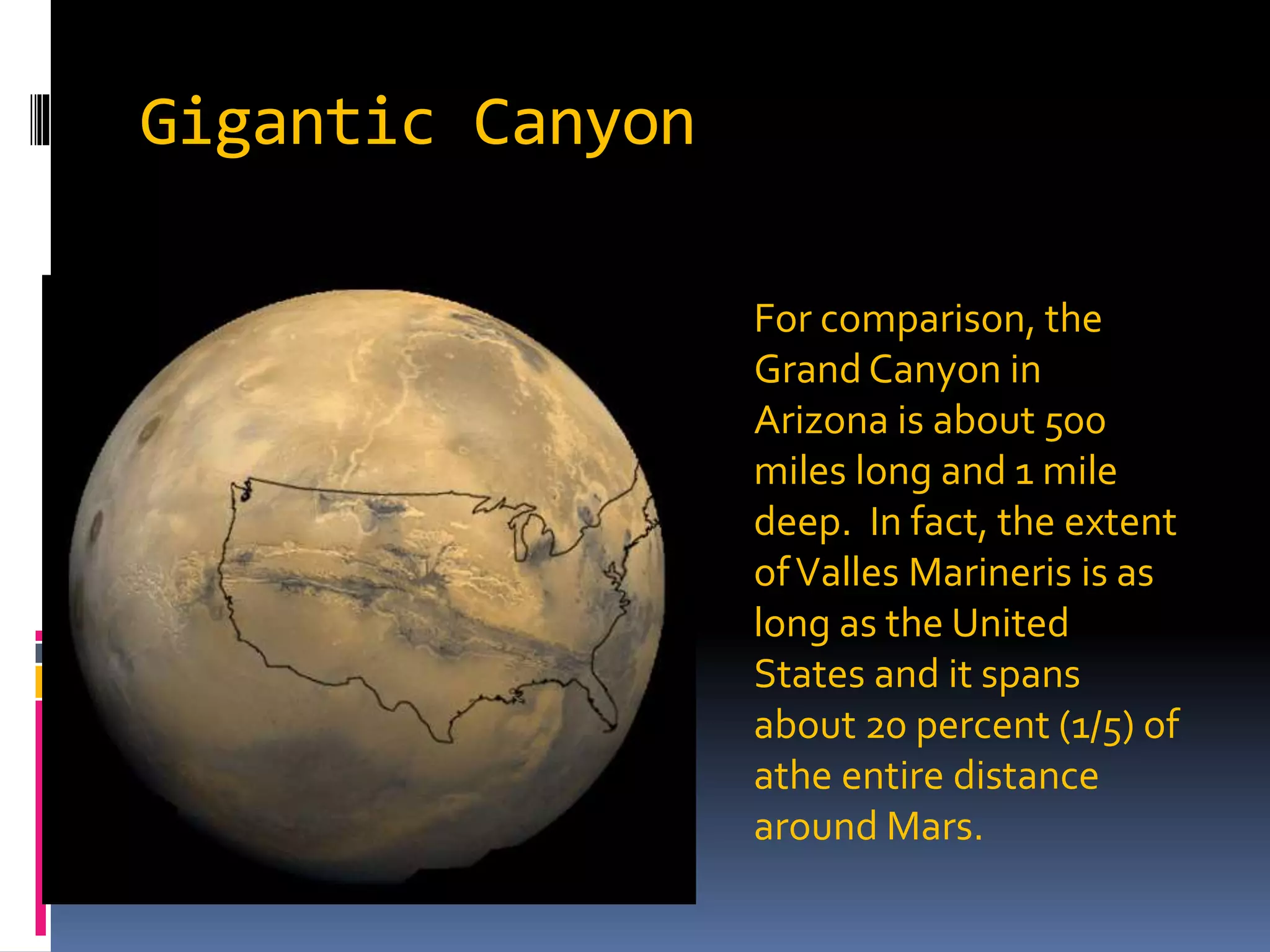 Gigantic Canyon
For comparison, the
Grand Canyon in
Arizona is about 500
miles long and 1 mile
deep. In fact, the extent
ofValles Marineris is as
long as the United
States and it spans
about 20 percent (1/5) of
athe entire distance
around Mars.
 