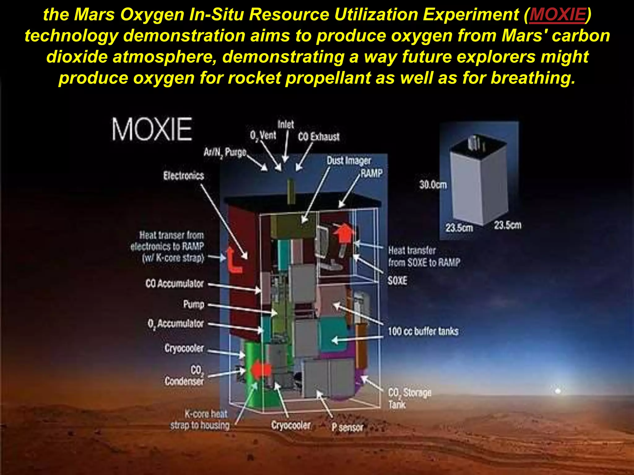 the Mars Oxygen In-Situ Resource Utilization Experiment (MOXIE)
technology demonstration aims to produce oxygen from Mars' carbon
dioxide atmosphere, demonstrating a way future explorers might
produce oxygen for rocket propellant as well as for breathing.
 