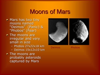 Moons of Mars
Mars has two tiny
moons named
“Deimos” (Panic) &
“Phobos” (Fear)
The moons are
irregular and very
small in size
– Phobos 27x22x18 km
– Deimos 15x12x10 km
The moons are
probably asteroids
captured by Mars
Deimos Phobos
 