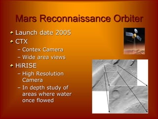 Mars Reconnaissance Orbiter
Launch date 2005
CTX
– Contex Camera
– Wide area views
HiRISE
– High Resolution
Camera
– In depth study of
areas where water
once flowed
 