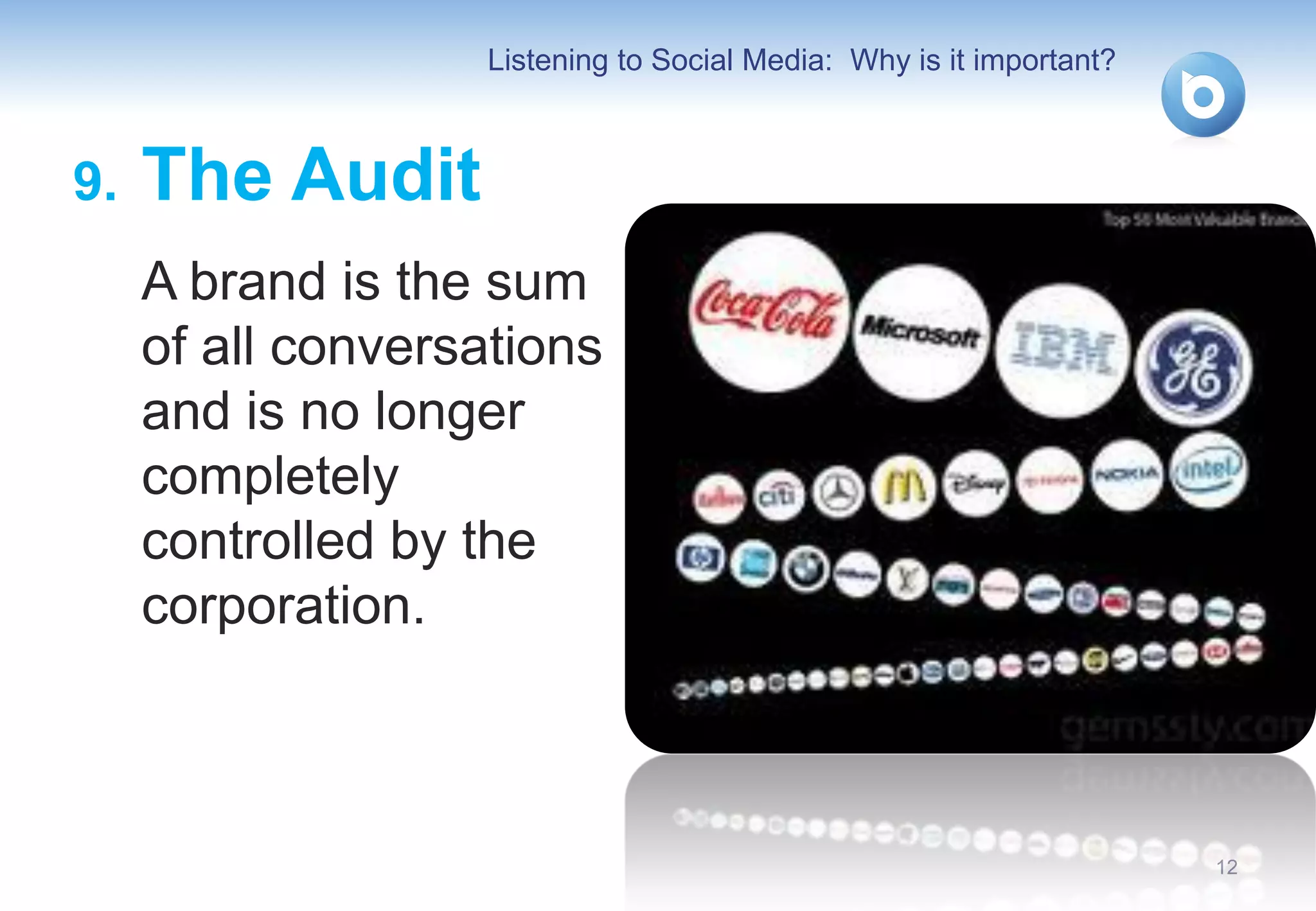Listening to Social Media: Why is it important?



9.   The Audit
     A brand is the sum
     of all conversations
     and is no longer
     completely
     controlled by the
     corporation.



                                                                     12
 