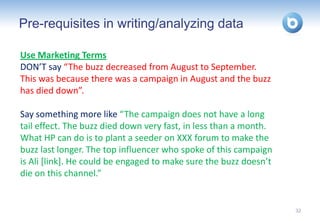 Pre-requisites in writing/analyzing data

Use Marketing Terms
DON’T say “The buzz decreased from August to September.
This...