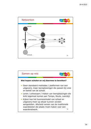 18-4-2012




Netwerken




                                                  51




Samen op reis

Wat hopen scholen en wij daarmee te bereiken?

  Geen standaard methodes / platformen van een
  uitgeverij, maar leeroplossingen die passen bij visie
  en beleid van de school.
  Leren / ontwerpen / maken van leeroplossingen die
  écht tegemoet komen aan Tempo, Route, Leerstijl.
  Kijken hoe het businessmodel van school en
  uitgeverij meer op elkaar kunnen worden
  aangesloten. Afscheid nemen van de traditionele
  waardeketen die plaats moet maken voor een
  waardenetwerk.                                52




                                                                26
 