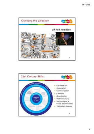 18-4-2012




Changing the paradigm


                        Sir Ken Robinson




                                           5




21st Century Skills


                           Collaboration
                           Cooperation
                           Communication
                           Creativity
                           Organization
                           Problem Solving
                           Self-Direction &
                           Social Responsibility
                           Technology Fluency



                                           6




                                                          3
 