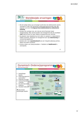 18-4-2012




                 Wereldwijde ervaringen


      Als de huidige status quo vervangen wordt door een elektronische variant,
      verandert er niets. Een dynamisch onderwijsprogramma kijkt naar alle
      aspecten van leren     integraal leermiddelenbeleid en didactische
      scholing
      Scholen die voorloper zijn, zijn niet per sé de financieel meest
      draagkrachtige. Maar wel de scholen met management dat een duidelijke
      visie heeft op leren en daar heldere consequenties aan verbindt.
      Op plaatsen waar digitalisering (met vallen en opstaan) is uitgeprobeerd,
      hebben docenten, leerlingen en management een rijke leerervaring en
      voorsprong opgebouwd.
      Scholen die in een waardenetwerk aan een integrale oplossing werken,
      blijken duurzaam succesvol.
      Continu meten van (toets)resultaten + feedback en feedforward is
      voorwaarde.


                                                                             15




  Dynamisch Onderwijsprogramma
  (the learning loop)



1. Doelstellingen
   bepalen
2. Onderwijsprogramma
   samenstellen
3. Onderwijs verzorgen
4. Continue beoordeling
   / toetsing
5. De juiste interventies
   toepassen
6. Resultaten bijhouden

  weer nieuwe
doelstellingen bepalen



                                                                             16




                                                                                         8
 