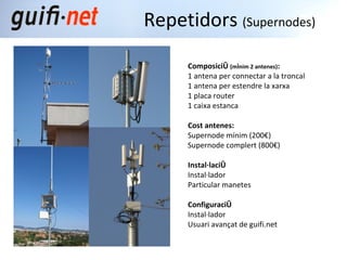 terrassa.guifi.net Terrassa: 6 supernodes 21 nodes client  1 connexions  troncal Zones cobertes: Cogullada  Pere Parres  La Maurina Can Boada Centre (Estacio Nord) 