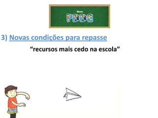 3) Novas condições para repasse
“recursos mais cedo na escola”
 