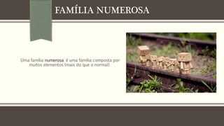 FAMÍLIA NUMEROSA

Uma família numerosa é uma família composta por
muitos elementos (mais do que o normal).

 