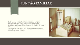 FUNÇÃO FAMILIAR

Cada um na nossa familia tem as suas funções
(obrigações) que varia com os nossos papeis
familiares (pai, mãe, filho…) e com as idades de cada
um.
Por exemplo: Em criança já devemos fazer a nossa
cama, levantar a mesa…

 