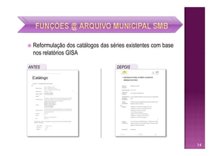    Reformulação dos catálogos das séries existentes com base
    nos relatórios GISA

ANTES                                 DEPOIS




                                                                14
 
