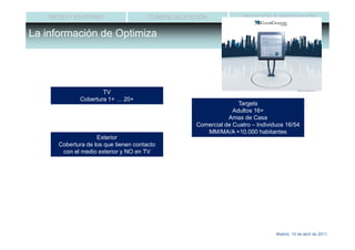 MEDIO Y ENTORNO                     COMERCIALIZACIÓN             MEDICIÓN E INNOVACIÓN

La información de Optimiza




                      TV
              Cobertura 1+ … 20+
                                                                   Targets
                                                                 Adultos 16+
                                                               Amas de Casa
                                                    Comercial de Cuatro – Individuos 16/54
                                                       MM/MA/A +10.000 habitantes
                    Exterior
      Cobertura de los que tienen contacto
       con el medio exterior y NO en TV




                                                                                 Madrid, 15 de abril de 2011
 
