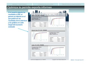 MEDIO Y ENTORNO         COMERCIALIZACIÓN   MEDICIÓN E INNOVACIÓN

Optimiza te permite exporta informes
Si el usuario exporta los
resultados a PDF, se
genera un informe en el
que podrá ver los
resultados de la cobertura
y los gráficos en cada
target del escenario
evaluado




                                                         Madrid, 15 de abril de 2011
 
