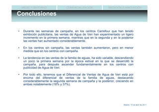 MEDIO Y ENTORNO                 COMERCIALIZACIÓN               MEDICIÓN E INNOVACIÓN

Conclusiones

•    Durante las semanas de campaña, en los centros Carrefour que han tenido
     exhibición publicitaria, las ventas de Agua de Veri han experimentado un ligero
     incremento en la primera semana, mientras que en la segunda y en la posterior
     las ventas han aumentado considerablemente.

•    En los centros sin campaña, las ventas también aumentaron, pero en menor
     medida que en los centros con campaña.

•    La tendencia en las ventas de la familia de aguas, ha sido variable, descendiendo
     un poco la primera semana por la época estival en la que se desarrolló la
     campaña, para después ascender fundamentalmente en los centros con
     publicidad de Agua de Veri.

•    Por todo ello, tenemos que el Diferencial de Ventas de Agua de Veri está por
     encima del diferencial de ventas de la familia de aguas, destacando
     considerablemente la segunda semana de campaña y la posterior, creciendo en
     ambas notablemente (18% y 37%).




                                                                              Madrid, 15 de abril de 2011
 