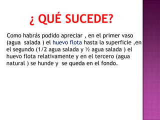 Como habrás podido apreciar , en el primer vaso
(agua salada ) el huevo flota hasta la superficie ,en
el segundo (1/2 agua salada y ½ agua salada ) el
huevo flota relativamente y en el tercero (agua
natural ) se hunde y se queda en el fondo.
 