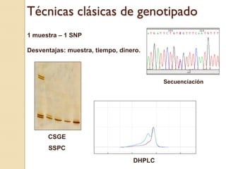 Técnicas clásicas de genotipado
1 muestra – 1 SNP

Desventajas: muestra, tiempo, dinero.




                                          Secuenciación




      CSGE
      SSPC
                                  DHPLC
 
