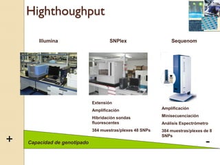 Highthoughput

        Illumina                      SNPlex                    Sequenom




                              Extensión
                              Amplificación                 Amplificación

                              Hibridación sondas            Minisecuenciación
                              fluorescentes                 Análisis Espectrómetro
                              384 muestras/plexes 48 SNPs   384 muestras/plexes de 8
                                                            SNPs
+   Capacidad de genotipado                                                      -
 