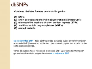 dbSNPs
 Contiene distintas fuentes de variación génica:

 (1)   SNPs
 (2)   short deletion and insertion polymorphisms (indels/DIPs),
 (3)   microsatellite markers or short tandem repeats (STRs)
 (4)   multinucleotide polymorphisms (MNPs)
 (5)   named variants




ss o submitted SNP : Todo centro privado o público puede enviar información
acerca de SNP (frecuencia, población,...) en concreto y para eso a cada centro
se le asigna un código.

Varios ss pueden hacer referencia a un único SNP y por tanto la información
general relativa a éste se guarda en un rs o reference SNP.
 