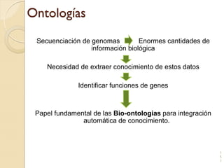 Ontologías
 Secuenciación de genomas         Enormes cantidades de
                  información biológica

    Necesidad de extraer conocimiento de estos datos

              Identificar funciones de genes



 Papel fundamental de las Bio-ontologias para integración
               automática de conocimiento.



                                                            1
                                                            5
                                                            1
 
