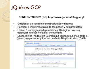 ¿Qué es GO?
    GENE ONTOLOGY (GO) http://www.geneontology.org/

  Ontología: un vocabulario estructurado y riguroso
 Función: describir los roles de los genes y sus productos.
 Utiliza: 3 ontologías independientes: Biological process,
  molecular function y cellular component.
 Los términos (nodos) de la ontología tienen relaciones entre sí
  (es-un, es-parte-de) y forman un Grafo Dirigido Acíclico (DAG).
 
