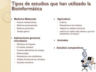 Tipos de estudios que han utilizado la
Bioinformática
   Medicina Molecular                       Agricultura
    ◦ Nuevos medicamentos                     ◦ Cultivos
    ◦ Medicina personalizada                  ◦ Resistencia a los insectos
    ◦ Medicina preventiva                     ◦   Mejorar la calidad nutricional
    ◦ Terapia génica                          ◦ cultivos en suelos más pobres y que son
                                                resistentes a la sequía

   Aplicaciones genomas
    microbiano                               Animales
    ◦ Residuos de limpieza
    ◦ El cambio climático                    Estudios comparativos
    ◦ Fuentes alternativas de energía
    ◦ Biotecnología
    ◦ Resistencia a los antibióticos
    ◦ Análisis forense de los microbios
    ◦ Estudios evolutivos
 
