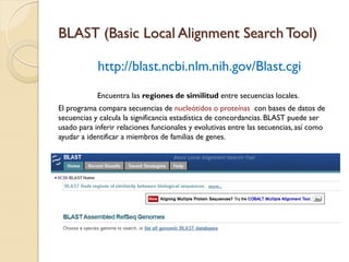 BLAST (Basic Local Alignment Search Tool)

            http://blast.ncbi.nlm.nih.gov/Blast.cgi
            Encuentra las regiones de similitud entre secuencias locales.
El programa compara secuencias de nucleótidos o proteínas con bases de datos de
secuencias y calcula la significancia estadística de concordancias. BLAST puede ser
usado para inferir relaciones funcionales y evolutivas entre las secuencias, así como
ayudar a identificar a miembros de familias de genes.
 