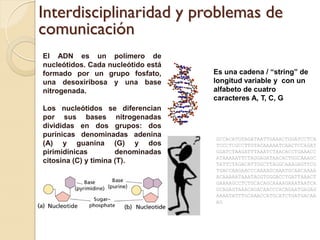 Interdisciplinaridad y problemas de
comunicación
El ADN es un polímero de
nucleótidos. Cada nucleótido está
formado por un grupo fosfato,       Es una cadena / “string” de
una desoxiribosa y una base         longitud variable y con un
nitrogenada.                        alfabeto de cuatro
                                    caracteres A, T, C, G
Los nucleótidos se diferencian
por sus bases nitrogenadas
divididas en dos grupos: dos
purínicas denominadas adenina
                                    GCCACATGTAGATAATTGAAACTGGATCCTCA
(A) y guanina (G) y dos             TCCCTCGCCTTGTACAAAAATCAACTCCAGAT
pirimidínicas         denominadas   GGATCTAAGATTTAAATCTAACACCTGAAACC
                                    ATAAAAATTCTAGGAGATAACACTGGCAAAGC
citosina (C) y timina (T).          TATTCTAGACATTGGCTTAGGCAAAGAGTTCG
                                    TGACCAAGAACCCAAAAGCAAATGCAACAAAA
                                    ACAAAAATAAATAGGTGGGACCTGATTAAACT
                                    GAAAAGCCTCTGCACAGCAAAAGAAATAATCA
                                    GCAGAGTAAACAGACAACCCACAGAATGAGAG
                                    AAAATATTTGCAAACCATGCATCTGATGACAA
                                    AG
 