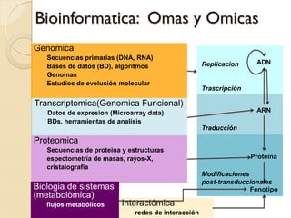 Bioinformatica: Omas y Omicas
Genomica
   Secuencias primarias (DNA, RNA)
                                                     Replicacion     ADN
   Bases de datos (BD), algoritmos
   Genomas
   Estudios de evolución molecular
                                                     Trascripción

Transcriptomica(Genomica Funcional)
   Datos de expresion (Microarray data)                              ARN
   BDs, herramientas de analisis
                                                     Traducción
Proteomica
   Secuencias de proteina y estructuras
   espectometría de masas, rayos-X,                                 Proteína
   cristalografia
                                                     Modificaciones
                                                     post-transduccionales
Biologia de sistemas                                                Fenotipo
(metabolòmica)
   flujos metabólicos     Interactómica
                              redes de interacción
 