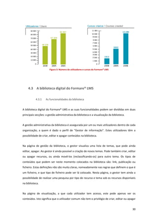  
                          Figura 3: Número de utilizadores e cursos do Formare® LMS 


 


     4.3  A biblioteca digital do Formare® LMS 

            4.3.1     As funcionalidades da biblioteca 


A biblioteca digital do Formare® LMS e as suas funcionalidades podem ser divididas em duas 
principais secções: a gestão administrativa da biblioteca e a visualização da biblioteca. 


A gestão administrativa da biblioteca é assegurada por um ou mais utilizadores dentro de cada 
organização,  a  quem  é  dado  o  perfil  de  “Gestor  de  informação”.  Estes  utilizadores  têm  a 
possibilidade de criar, editar e apagar conteúdos na biblioteca. 


Na  página  de  gestão  da  biblioteca,  o  gestor  visualiza  uma  lista  de  temas,  que  pode  ainda 
editar, apagar. Ao gestor é ainda possível a criação de novos temas. Pode também criar, editar 
ou  apagar  recursos,  ou  ainda  movê‐los  (reclassificando‐os)  para  outro  tema.  Os  tipos  de 
conteúdos  que  podem  ser  neste  momento  colocados  na  biblioteca  são:  link,  publicação  ou 
ficheiro. Estas definições não são muito claras, nomeadamente nas regras que definem o que é 
um  ficheiro,  e  que  tipo  de  ficheiro  pode  ser  lá  colocado.  Nesta  página,  o  gestor  tem  ainda  a 
possibilidade de realizar uma pesquisa por tipo de recurso e tema sob os recursos disponíveis 
na biblioteca. 


Na  página  de  visualização,  a  que  cada  utilizador  tem  acesso,  este  pode  apenas  ver  os 
conteúdos. Isto significa que o utilizador comum não tem o privilégio de criar, editar ou apagar 


                                                                                                          30 
 
 