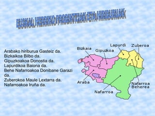 Arabako hiriburua Gasteiz da.
Bizkaikoa Bilbo da.
Gipuzkoakoa Donostia da.
Lapurdikoa Baiona da.
Behe Nafarroakoa Donibane Garazi
da.
Zuberokoa Maule Lextarra da.
Nafarroakoa Iruña da.

 