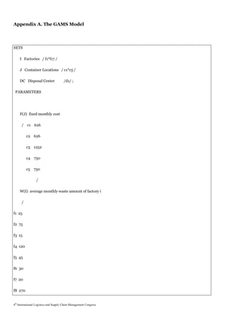 Appendix A. The GAMS Model




SETS

    I Factories / f1*f17 /

    J Container Locations / c1*c5 /

    DC Disposal Center                 /d1/ ;

 PARAMETERS




    F(J) fixed monthly cost

      / c1 626

          c2 626

          c3 1252

          c4 750

          c5 750

                 /

    W(I) average monthly waste amount of factory i

      /

f1 25

f2 75

f3 15

f4 120

f5 45

f6 30

f7 20

f8 270


4th International Logistics and Supply Chain Management Congress
 
