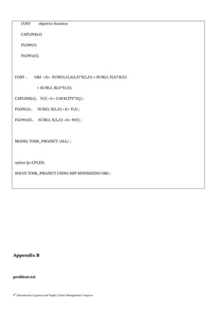 COST          objective function

      CAPLINK(J)

      FLOW(J)

      FLOW2(I);




 COST ..         OBJ =E= SUM((I,J),A(I,J)*X(I,J)) + SUM(J, F(J)*Z(J))

                   + SUM(J, B(J)*Y(J));

 CAPLINK(J).. Y(J) =L= CAPACITY*Z(j) ;

 FLOW(J)..         SUM(I, X(I,J)) =E= Y(J) ;

 FLOW2(I)..         SUM(J, X(I,J)) =E= W(I) ;




 MODEL TOSB_PROJECT /ALL/ ;




 option lp=CPLEX;

 SOLVE TOSB_PROJECT USING MIP MINIMIZING OBJ ;




Appendix B



problem.txt



4th International Logistics and Supply Chain Management Congress
 