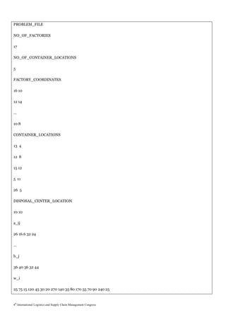 PROBLEM_FILE

NO_OF_FACTORIES

17

NO_OF_CONTAINER_LOCATIONS

5

FACTORY_COORDINATES

16 10

12 14

…

10 8

CONTAINER_LOCATIONS

13 4

12 8

15 12

5 11

26 5

DISPOSAL_CENTER_LOCATION

10 10

a_ij

26 16 6 32 24

…

b_j

36 40 36 32 44

w_i

25 75 15 120 45 30 20 270 140 35 80 170 55 70 90 240 25


4th International Logistics and Supply Chain Management Congress
 