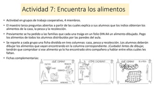 Actividad 7: Encuentra los alimentos
• Actividad en grupos de trabajo cooperativo, 4 miembros.
• El maestro lanza preguntas abiertas a partir de las cuales explica a sus alumnos que los indios obtenían los
alimentos de la caza, la pesca y la recolección.
• Previamente se ha pedido a las familias que cada una traiga en un folio DIN A4 un alimento dibujado. Pego
los alimentos de todos los alumnos distribuidos por las paredes del aula.
• Se reparte a cada grupo una ficha dividida en tres columnas: caza, pesca y recolección. Los alumnos deberán
dibujar los alimentos que vayan encontrando en la columna correspondiente. ¡Cuidado! Antes de dibujar,
tendrán que comprobar si ese alimento ya lo ha encontrado otro compañero y hablar entre ellos cuáles les
faltan.
• Fichas complementarias:
 