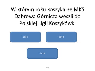 W którym roku koszykarze MKS 
Dąbrowa Górnicza weszli do 
Polskiej Ligii Koszykówki 
2011 2013 
WSB 
2014 
 