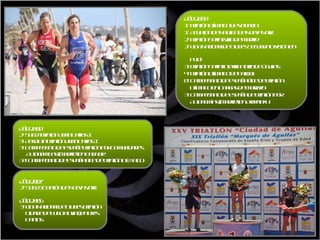 Año 2009 1 º  Triatl ón  Ol ím pico de Valencia 1 º  Acuatl ón  de Nautica de Nueva York  2 º  Triatl ón  Sprint Villa de Madrid 2 º  Liga Nacional de Clubes Segunda Divisi ón  en  Pulp í 3 º  Triatl ón  Sprint Clasificatorio de  Á g uilas 4 º  Triatl ón  Ol ím pico de Pareja 8 º  Campeonato de Espa ña  é l ite de Triatl ón  Ol ím pico en Cangas de Morrazo 3 º  Campeonato de Espa ña  de Triatl ón  por  Autonom ías  (Madrid) en Aritzaleku Año 2008 2º Sub23Triatl ón Juan Carlos I 3 º Absoluta  Triatl ón  Juan Carlos I 3 º  Campeonato de Espa ñ e Triatl ón p or Comunidades  Auton ómic as (Madrid) en Badajoz 33 º  Campeonato de Espa ña  é l ite de Triatl ón  Ol ím pico Año  2007   2 º Sub23  Duatl ón  de Nueva York  Año 2005 3 º  Liga Nacional de Clubes Triatl ón  Cidade de Lugo Fluvial) en Tres  Cantos 