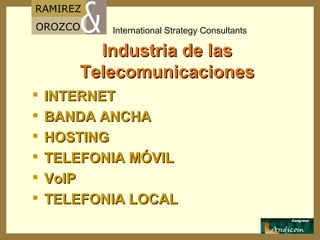 Industria de las Telecomunicaciones INTERNET BANDA ANCHA HOSTING TELEFONIA MÓVIL VoIP TELEFONIA LOCAL 